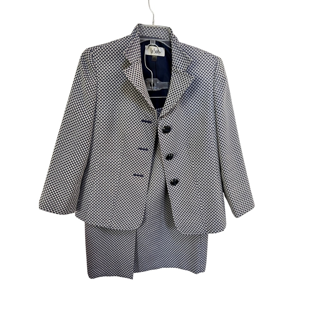 Le Suit Womens Navy Blue White Basketweave Skirt Suit Set Size 6 Professional